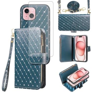 Imagem de Capa carteira compatível com iPhone 15 de 6,1 polegadas com zíper e protetor de tela de vidro temperado, alça transversal, flip com glitter, suporte para cartão, capa para celular i Phone15 i15 15