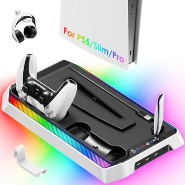 Imagem de Estação de resfriamento para PS5/Slim/Pro, estação de carregamento RGB compatível com PlayStation 5 Ventoinha de resfriamento de 3 níveis integrada e carregador de controle duplo PS5, suporte com 4
