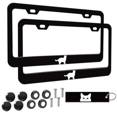 Imagem de 2 peças de moldura de placa de licença para mulheres, molduras decorativas de carro femininas, suporte de capa de placa de carro com etiqueta de chaveiro de carro dupla face (para gato branco, 2 peças