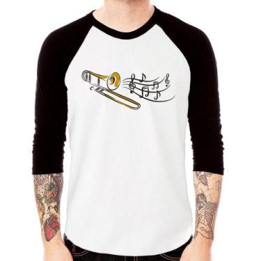 Imagem de Camiseta Raglan Trombone Notas Musicais Manga 3/4 - Foca na Moda, Bran