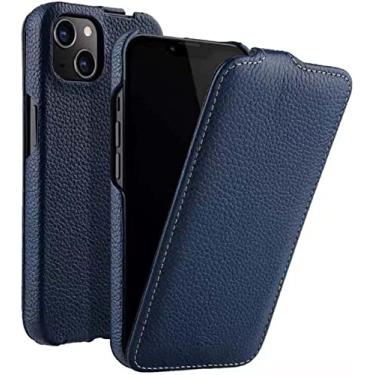 Imagem de ZEDEVB Capa para Apple iPhone 14 Plus 6,7 polegadas 2022 Capa fólio vertical, padrão de lichia vertical flip premium couro à prova de choque capa de telefone (cor: azul)