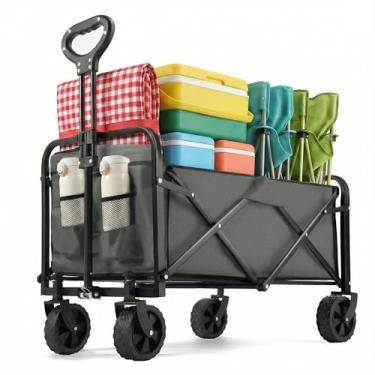 Imagem de Vagão dobrável de 99,8 kg, carrinhos resistentes dobráveis, vagões portáteis para mantimentos, carrinho de praia com rodas todo-o-terreno e suportes para bebidas, vagões utilitários para compras