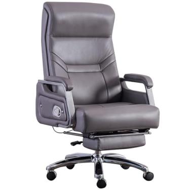 Imagem de SGeneE Cadeira de escritório executiva, cadeira ergonômica de couro legítimo, cadeira de mesa de escritório em casa, cadeira giratória com encosto ajustável e apoio para os pés retrátil (cinza tamanho