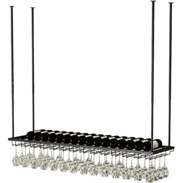 Imagem de Suporte de garrafa de vinho pendurado no teto prateleira de montagem no teto rack de vinho preto pendurado rack de garrafa de teto de metal ajustável altura e largura exibição vintage vinho P (preto