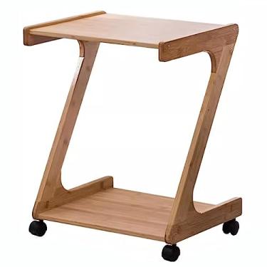 Imagem de Mesa de centro rolante de bambu com rodas, prateleira moderna de 2 camadas Straoge pequena mesa de canto para sofá rack de armazenamento utilitário rack de lanche móvel decoração de mesa para