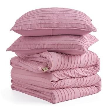 Imagem de UGG Conjunto de edredom texturizado reversível de 3 peças – roupa de cama luxuosa e elegante com 2 fronhas, certificado Oeko-TEX e lavável na máquina, branco e rosa (Devon) (Dusty Orchid, casal/Queen)