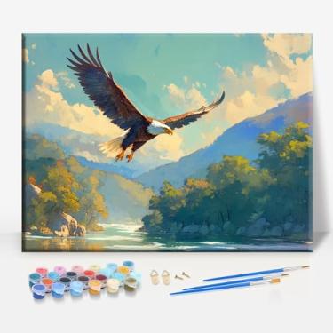 Imagem de HUINORYA Bald Eagle Over Buffalo River Arkansas tela emoldurada kit de pintura por números bar café caverna sala de casa parede banheiro varanda pátio decoração presente, 40,6 x 30,5 cm