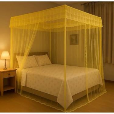 Imagem de Mosquiteiro casal box com armação estilo palácio, cortinado volta ao mundo, abertura lateral prática para cama dupla (Amarelo)