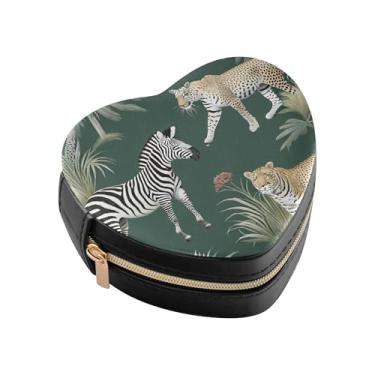 Imagem de Burbuja Caixa de joias em forma de coração de leopardo zebra mini estojo de joias de viagem para mulheres e meninas, estojo portátil organizador de armazenamento para brincos, anéis, colares e