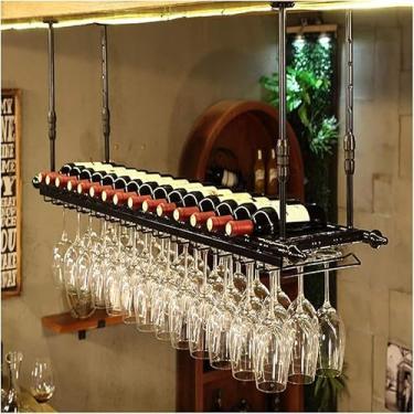 Imagem de Suporte de copo de vinho retrô industrial com suporte de garrafa de vidro pendurado, prateleira de armazenamento, moldura de ferro forjado de estilo simples, vintage de aço inoxidável, bar restaurante