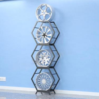 Imagem de Rack de exibição de aro de pneu empilhável - Prateleiras de armazenamento de garagem resistentes para rodas de carro e organização de cubo - Suporte organizador de pneus ideal para casa, loja e