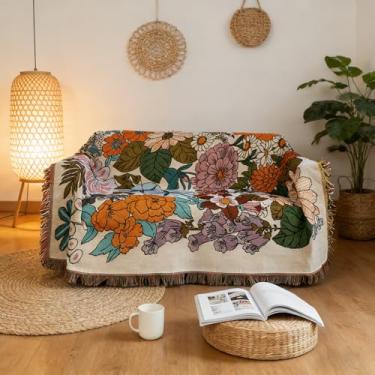 Imagem de Lifevc Capa de sofá vintage de crochê, estampa floral colorida, 3 almofadas, capa de sofá multifuncional macia e durável para sala de estar, seção em forma de L, 180 x 340 cm