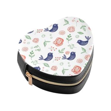 Imagem de Burbuja Caixa de joias em forma de coração com flores de pássaros, mini estojo de viagem para mulheres e meninas, organizador portátil de armazenamento para brincos, anéis, colares e pulseiras