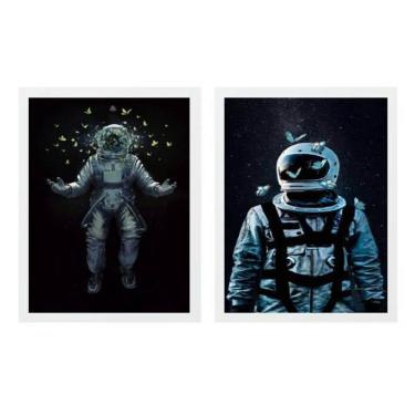 Imagem de Kit 2 Quadros Astronautas Borboletas 24X18Cm Moldura Branca