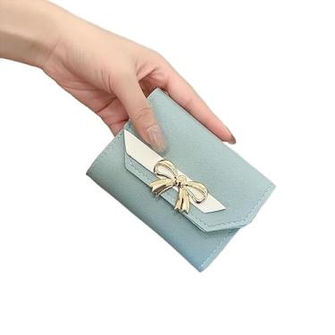 Imagem de Carteira feminina moderna, carteira pequena com laço fofo, porta-cartões estéticos, carteira feminina clássica com três dobras, porta-moedas minimalista, Azul