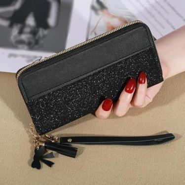 Imagem de Carteira feminina com vários cartões, porta-cartões, bolsa feminina com glitter, borla e alça de pulso, Preto, Minimalista