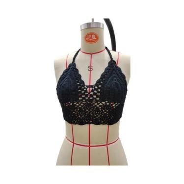 Imagem de Top De Biquíni Preto Em Crochê Para Mulheres, Modelo Triângulo Vazado,