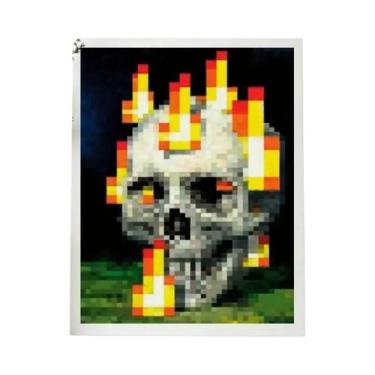Imagem de Pôster Vibrante De Caveira Com Chamas Em Pixel, Impressão Artística Em