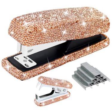 Imagem de Multibey Conjunto de 3 peças de grampeador de strass | Grampeador de mesa brilhante com removedor de grampos e 1000 peças de grampos padrão | Capacidade para 25 folhas | Presente fofo de material de