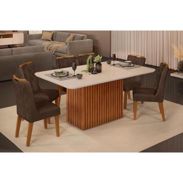 Imagem de Conjunto: Mesa de Cozinha Canes c/ Tampo Madeirado c/ Vidro Curvo 170x90cm e 6 Cadeiras Stela Freijo/Off White - Ipe/Suede Moca - DJ Móveis