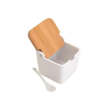Imagem de LYOR - Saleiro de Mesa de Cerâmica com Tampa de Bambu e Colher Bianco 10cm x 10,5cm x 10cm