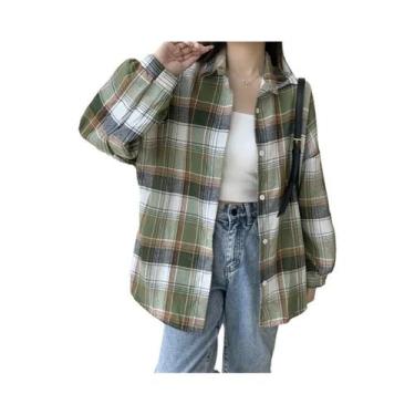 Imagem de Camisa Jaqueta Feminina Oversized Xadrez Tartan Manga Longa Com Botões