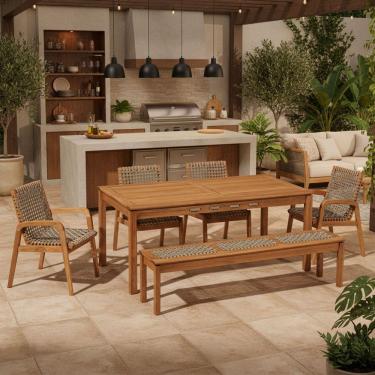 Imagem de Mesa de Jantar Com Banco de Madeira 180cm e 04 Cadeiras Trammare C07 Corda Rami - Lyam Decor