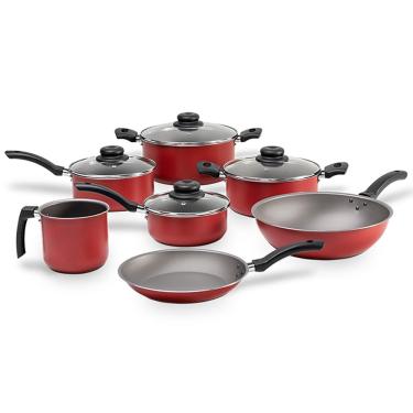 Imagem de Conjunto de Panelas 7 Peças Brinox Ruby com Revestimento Interno Antiaderente Pro-Flon e Tampas de Vidro com Saída de Vapor - Vermelho