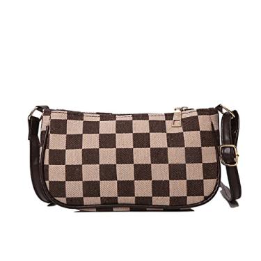 Imagem de Bolsa de ombro de lona xadrez feminina pequena bolsa de mão casual moderna bolsa de axilas com fecho de zíper, Marrom
