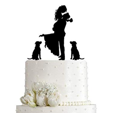 Imagem de Wedding Cake Topper - Bride Hold Groom with Flowers Besides 2 Pet Dogs Silhouette Cake Decoration (Black)