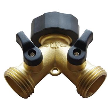 Imagem de Apronhero Torneira de latão de 2 vias, conector de mangueira de máquina de lavar de 2 vias, transforma uma torneira em coletor de torneira de latão de 2 vias com válvulas liga/desliga individuais, adaptador de torneira para jardim com fita de rosca