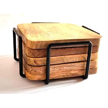 Imagem de S.B.ARTS Porta-copos de madeira para bebida quente e fria - porta-copos decorativos - feitos de madeira sazonal - porta-copos em forma quadrada - conjunto de 6 porta-copos de bar - acessórios de mesa de jantar - aparência rústica absorvente