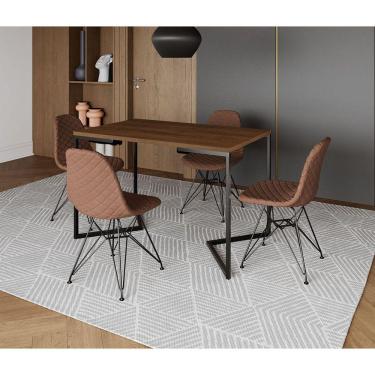 Imagem de Mesa Jantar Industrial Retangular Amêndoa 120x75 Base V com 4 Cadeiras Estofadas Caramelo Aço Preto 