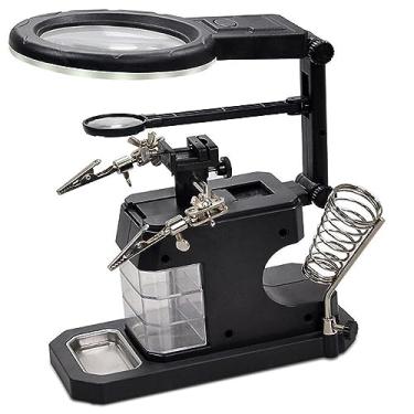 Imagem de Lupa De Mesa Bancada 16 LEDs Com Garras Suporte Ferro Solda 3 Gavetas CBRN20393 - Commerce Brasil