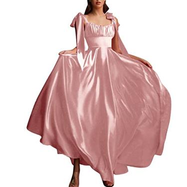 Imagem de Vestido feminino sexy para festa noturna, longo, sem mangas, cetim, formal, vestido de noite, vestido midi, rosa, P