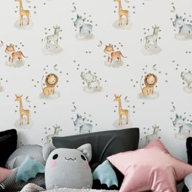 Imagem de Papel de parede Animais Infantil Aquarela Branca Safari Vinilico Quarto sala Auto Colante 6m