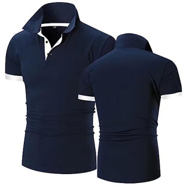 Imagem de GLLUSA Camisas polo masculinas de golfe camisetas patchwork tênis manga curta gola meia manga ciclismo jersey rúgbi academia desgaste, Azul marinho + branco, M