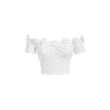 Imagem de BEAUDRM Camiseta feminina de manga curta com ombros de fora e flores 3D franzidas com nervuras, Branco, M