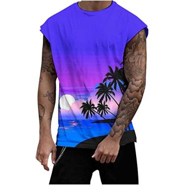 Imagem de Coletes masculinos gola redonda colete masculino treino atlético praia havaiana camiseta regata tropical verão outono 2024, C-89 Roxo, G