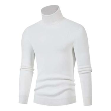 Imagem de Aoleaky Suéter masculino de gola rolê suéter de malha coreano masculino preto branco suéter de gola rolê masculino pulôver sólido, Branco, PP