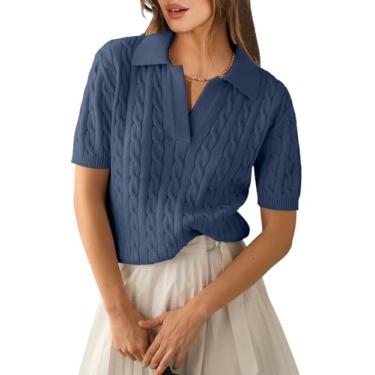 Imagem de ANRABESS Suéter feminino de manga curta polo gola V tricô casual macio pulôver camisa 2024 primavera Qutfits, Azul empoeirado, M