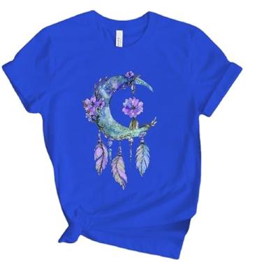 Imagem de HJIOOP Camisetas engraçadas com estampa de apanhador de sonhos da lua camiseta feminina verão casual manga curta gola redonda camisetas, Azul, 4G