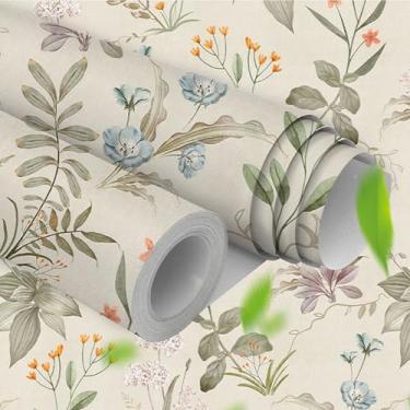 Imagem de Papel de parede floral vintage bege papel de parede floral fazenda papel de parede de madeira silvestre papel de parede autoadesivo removível para armários de quarto de casa e bancada de cozinha 44 cm