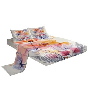 Imagem de Eojctoy Jogo de lençol ultramacio com tema de plantas aquarela, 4 peças, fácil de cuidar com lençol casal de 40,6 cm, confortável e respirável para casa