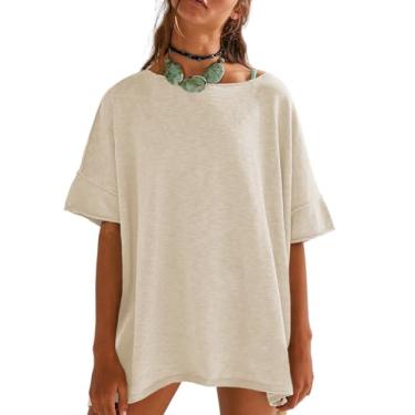 Imagem de Tankaneo Camisetas femininas grandes casuais verão gola redonda solta manga curta fenda lateral blusa blusa tops, Bege, XXG