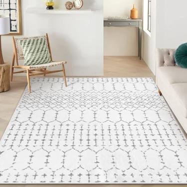 Imagem de Lahome Tapetes marroquinos laváveis à máquina – Tapete para sala de estar, antiderrapante, tapete de área grande, leve, sem galpão, para sala de jantar, estampa geométrica, branco, macio para quarto,