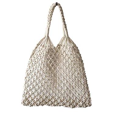 Imagem de Hixixixi Bolsa de Algodão Corda para Viagem Praia Rede de Pesca Bolsa de Ombro de Tecido para Mulheres Meninas, Branco, Medium