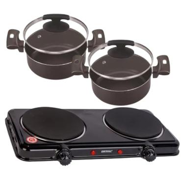 Imagem de Kit Fogareiro Fogão Elétrico﻿ Portátil Chapa Indução 2 Boca 220v + 2 Panela Caçarola 20cm Cor Preto Tampa De Vidro