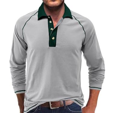 Imagem de Camisetas masculinas Henley manga comprida moletom polo outono moda 4 botões camisetas clássicas algodão golfe casual, Xp Cinza, XXG