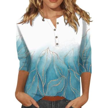 Imagem de Camisetas femininas 2024 verão estampa floral botão gola V manga 3/4 camiseta fofa férias tops modernos, A5 - Azul-marinho, M